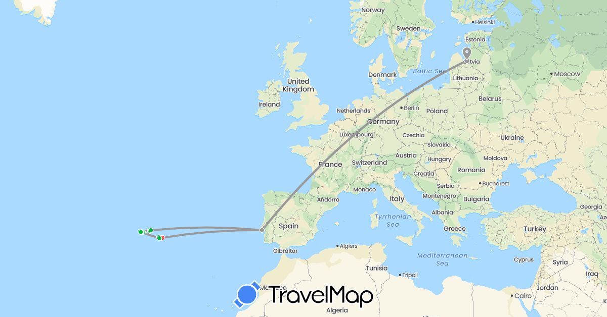 TravelMap itinerary: driving, bus, plane, hiking, boat in Latvia, Portugal (Europe)